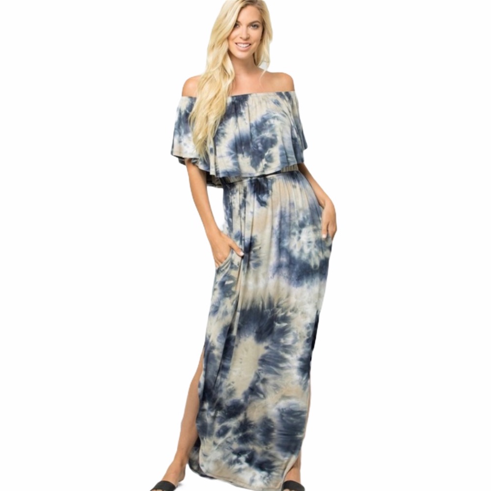 Off Shoulder Tie-dye Maxi Dress Jersey Stretch Made in USA medium